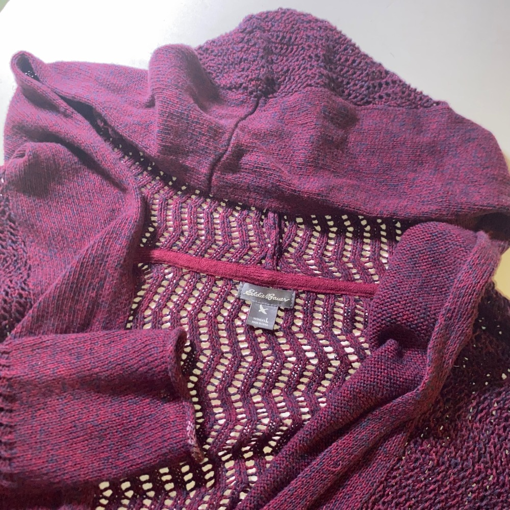 Eddie Bauer Women Burgundy Linen Cotton Open Knit Hooded Cardigan Large